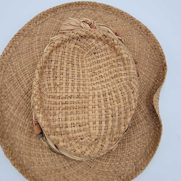 Cappelli Miami Florida Beige Vintage Wooven Straw Paper Sun Beach Hat Beads Knot - Picture 7 of 10